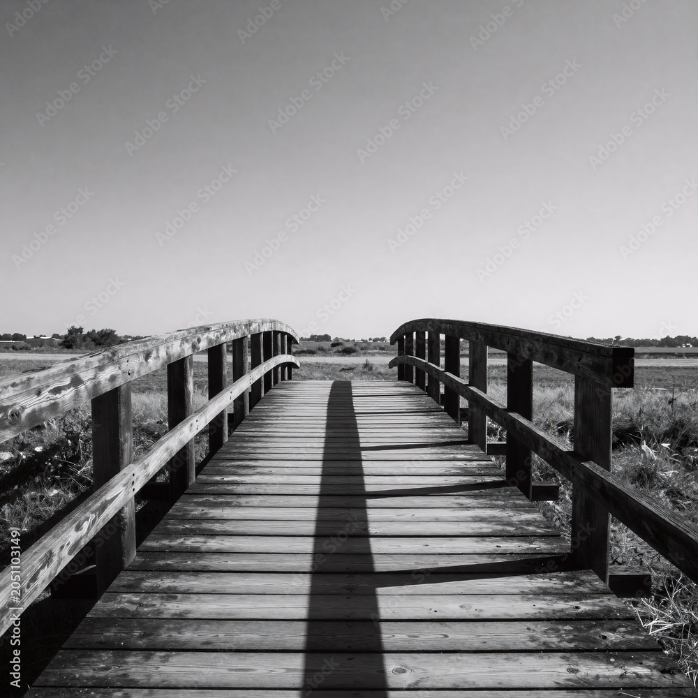 Obraz premium Grunge Bridge Crossing. Black Silhouette Of A Small Wooden Bridge In An Isolated Setting