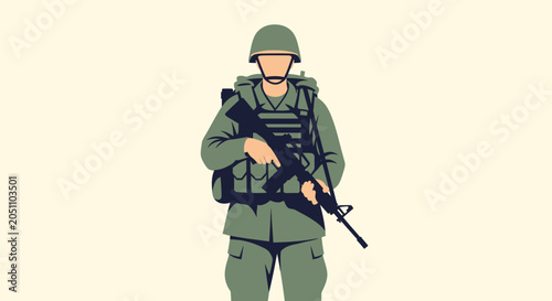Photos Soldier Holding Rifle, Military Uniform, Tactical Gear, Flat Design