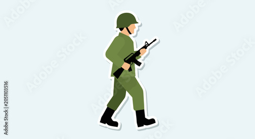 Foto Soldier in uniform walking with rifle, flat design illustration