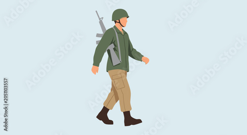 Foto Soldier Walking with Rifle and Backpack, Military Uniform, Cartoon Style