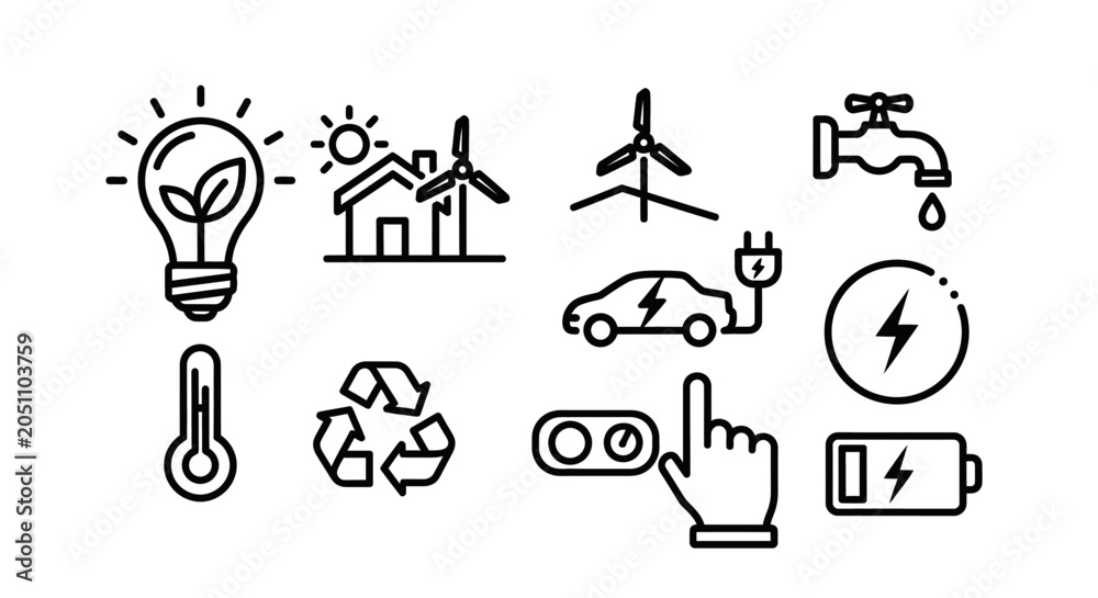 Fototapeta premium Sustainable energy and environmental conservation concepts with line icons