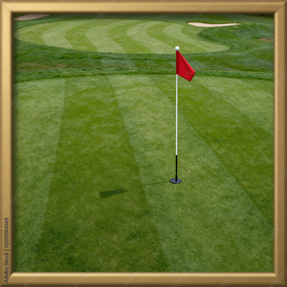 Obraz premium Graffiti Golf Art. A Gold Frame Features A Red Golf Flag And White Ball On Green Grass In An Abstract Setting