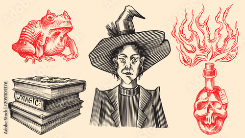 Canvas-taulu Witch in hat frog on books and poison bottle Wizardry and witchcraft elements for magic rituals and spiritualism and halloween