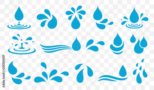 Water liquid drops, spray and splash, dripping water and wave