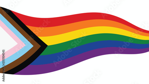 Progress Pride Flag waving with vibrant rainbow colors and inclusive design on white background