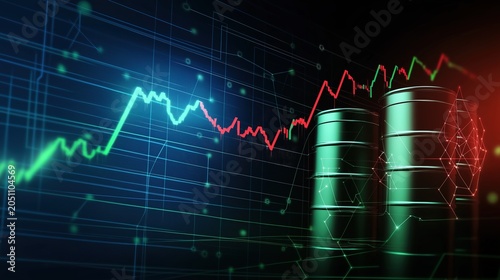 Modern financial stock market background, glowing rising stock chart and oil barrel icon, green and red trading lines, tech data visualization, global finance concept, clean composition, cinematic lig
