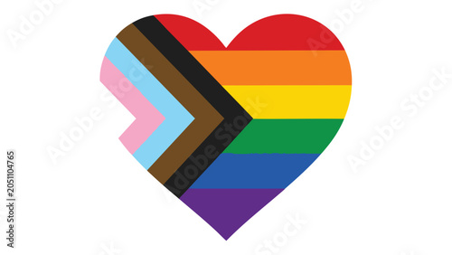 Progress Pride Flag heart symbol promoting diversity and inclusivity with rainbow colors
