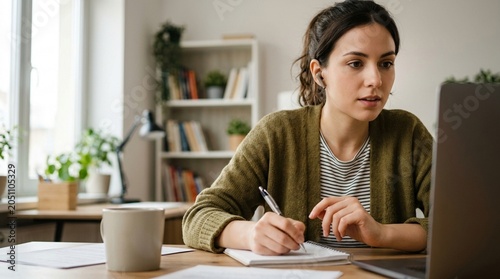 A young woman sits at a desk writing in a notebook with a laptop and coffee cup nearby in a bright and airy office space.