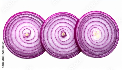 Three Slices of Red Onion on a White Background.