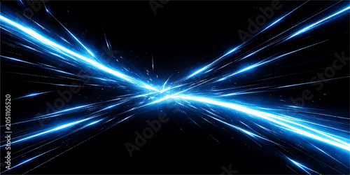 Photos Abstract Blue Energy Trails: A dynamic abstract composition featuring vibrant blue energy trails converging and diverging against a stark black background, suggesting speed, motion