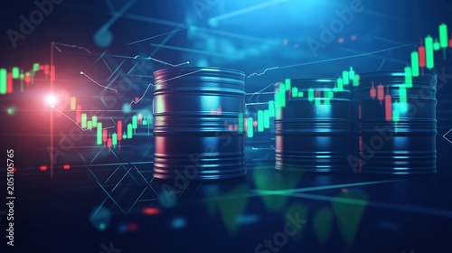Modern financial stock market background, glowing rising stock chart and oil barrel icon, green and red trading lines, tech data visualization, global finance concept, clean composition, cinematic lig