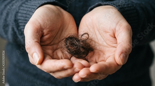 A person holds a small clump of dark brown hair in their cupped hands as a sign of medical hair loss