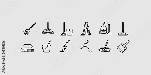 Obraz na płótnie Icon set collection of essential cleaning tools, equipment, and janitorial supplies for household or professional maintenance, clean simple line style