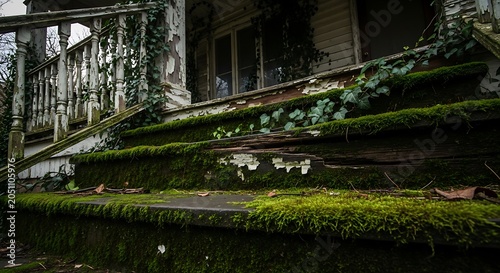 A fixer upper house showing weathered wooden stairs covered in thick green moss and ivy creeping up the side of a dilapidated porch of an old building
