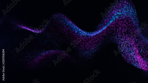 Abstract glowing neon particles forming smooth wave surface, blue pink digital light streams, luminous dots and fluid landscape on dark background