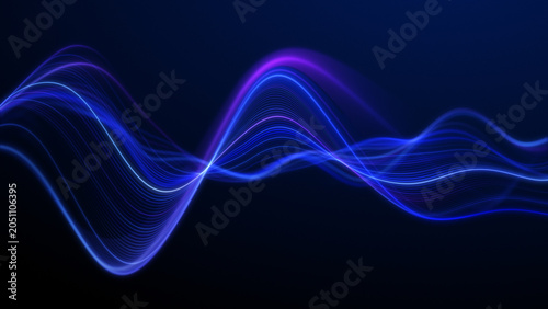 Abstract neon background with blurred glowing blue wavy lines, digital sound waves, information transmission and deep blue background