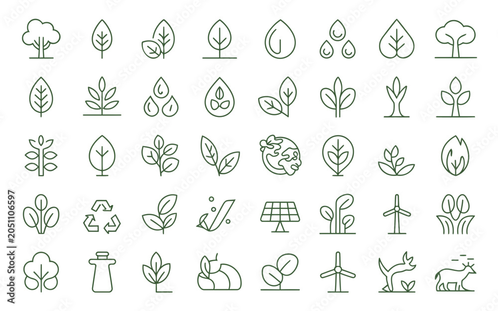 Fototapeta premium Eco and Sustainability Line Icons Set – Green Energy, Nature, Recycling, Solar Power and Environmental Outline Collection