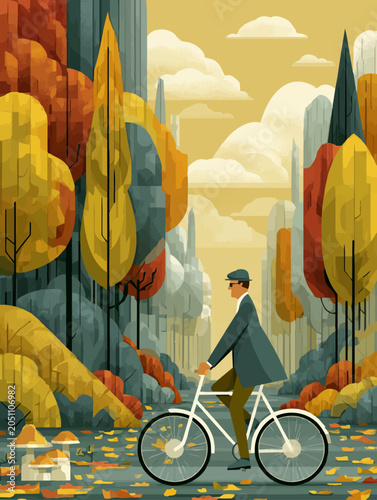 Minimalist Flat Design Autumn Forest Bicycle Riding Vector Illustration(미니멀 플랫 디자인 가을 숲 자전거 라이딩 벡터 일러스트)