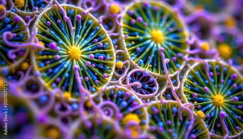 The image depicts a close up view of vibrant, jellyfish like marine organisms with translucent, circular bodies featuring radiating spikes