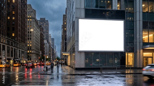 Blank digital billboard on a rainy New York street with yellow cabs and traffic.