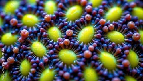 The image showcases a close up view of a colorful, textured surface composed of numerous small, rounded structures