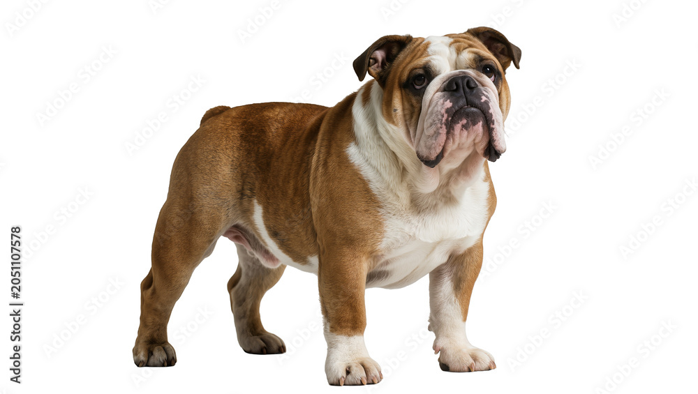 Obraz premium Brown and white bulldog standing, full body view
