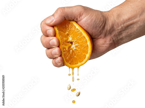 Juicy orange slice being squeezed