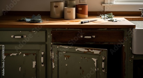 Rustic kitchen renovation in a fixer upper house featuring peeling green paint cabinets wooden countertops and ceramic pottery for a DIY home remodel project