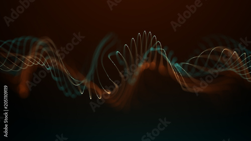 Fotografie Glowing frequency waves with neon oscillation lines, orange and cyan sound ampli