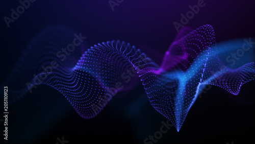 Blue violet particle wave flowing through dark digital space, glowing amplitude landscape, neon surface and abstract data stream patterns