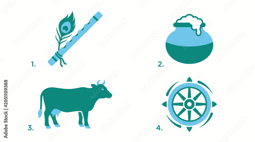Obraz premium Janmashtami festival icon set with flute, peacock feather, butter pot, cow, and sacred wheel vector illustration