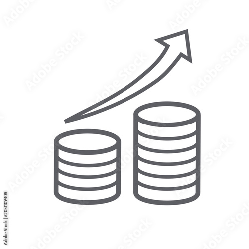 Isolated icon of coin stacks with an upward arrow, representing financial growth, money inflation, investment success, and wealth accumulation on a white background.