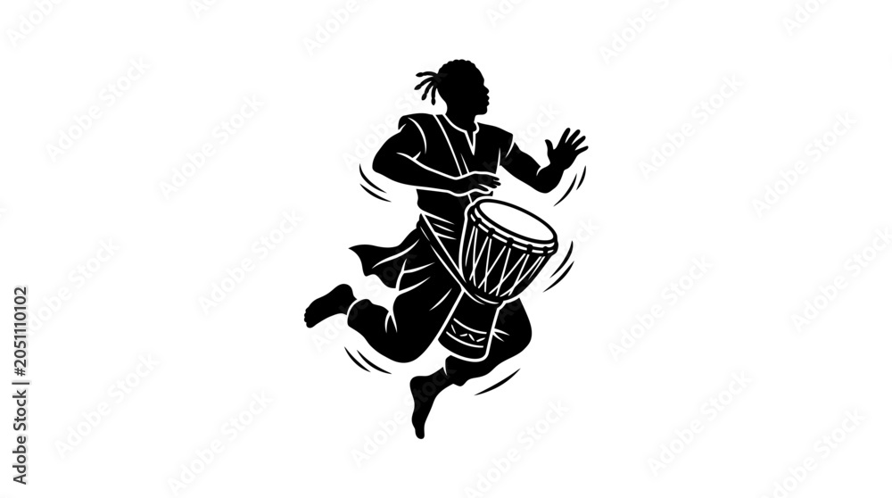 Fototapeta premium Silhouette of a man playing a djembe drum while jumping.