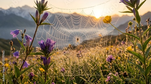 Morning dew on a spider web surrounded by purple flowers in a mountainous landscape at sunrise.