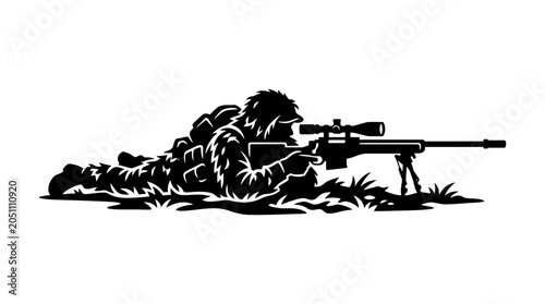 Soldier aiming sniper rifle in camouflage lying on ground.