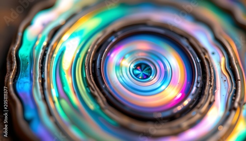 The image features a close up view of a circular, spiral pattern with vibrant, rainbow like colors radiating outward from the center