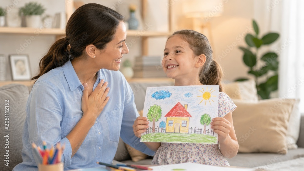 Obraz premium Mother and daughter smiling as the child proudly shows a colorful crayon drawing of a house at home