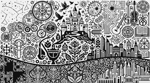 Intricate black and white vector illustration collage depicting a whimsical world of science, nature, history, and fantasy with castles, cities, and