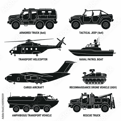 Collection of various military and transport vehicles including aircraft, boats, trucks, and helicopters.