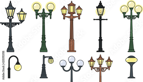 Foto Vintage street lamp vector collection featuring classic outdoor lampposts wrough