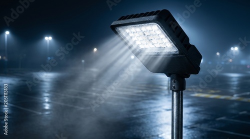 Bright LED streetlight illuminating wet parking lot at night  