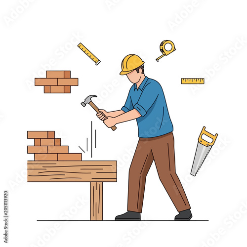 Man building with bricks and tools.