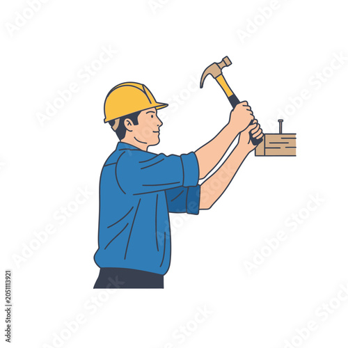 Man in a yellow hard hat hammering a nail.