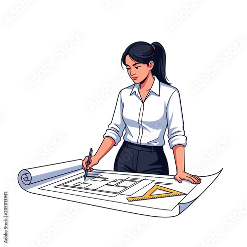 woman working on architectural blueprint.