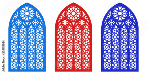 Quadro su tela Three colorful gothic arched windows with intricate geometric tracery patterns i
