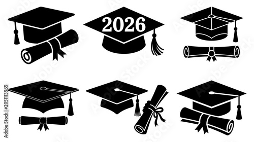 Vászonkép Black silhouettes of graduation caps and rolled diplomas with a 2026 year tag on