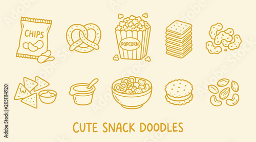 Foto Collection of cute hand-drawn snack doodles, including chips, pretzels, popcorn, crackers, nuts, nachos, dip, and cookies
