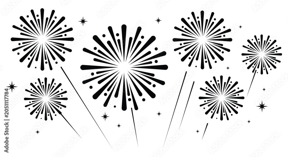 Obraz premium Minimalist firework icon burst vector illustration with small stars. Clean festive element isolated on a white background.