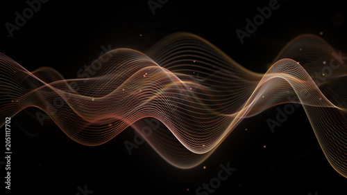 Flowing wave Smooth lines technology. Blurred graphic wave black background flying particles. Rusty rod, copper gold linear blur. Scientific blurred brown sound wave moving dust on black background.
