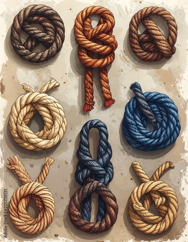 A collection of 8 variously colored and textured rope knots